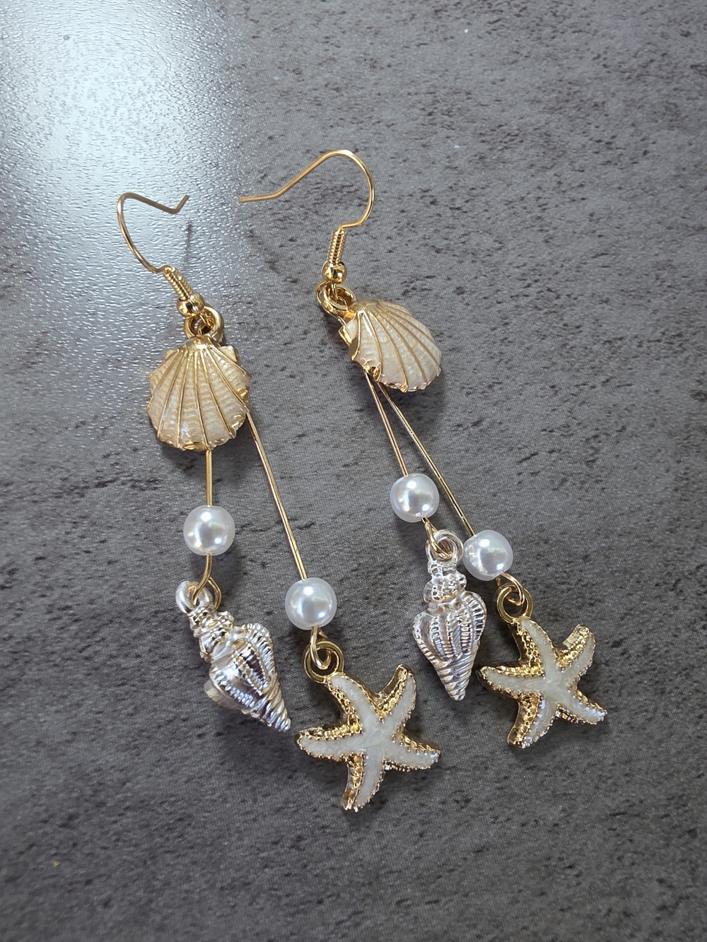 Gold Starfish Pearl Shell Dangle Earrings Beach Summer Statement Jewelry